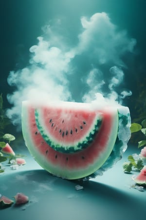 a watermelon,ice,  smoke, in the fantasy garden