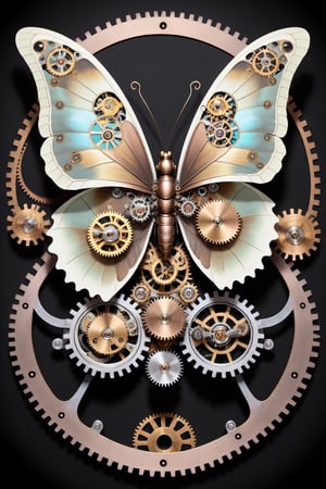 Generates a detailed steampunk style image with pastel colors and golden brown of a butterfly seen from above. The butterfly must be adorned with intricate gears and mechanical elements that imitate its natural structure. The image must be high resolution and show a perfect fusion between the organic and the mechanical, black background,DonMSt34mPXL,steampunk,steampunk style
