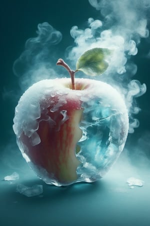a apple,ice,  smoke, in the fantasy garden