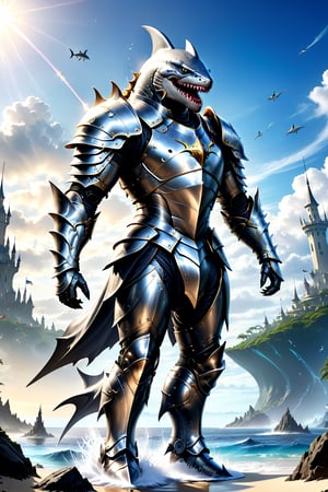 Create an extraordinary masterpiece of 32k Ultra HDR high resolution images with super realistic photorealism. It depicts a fearsome warrior adorned in a magical silver and black full body knight armor suit with fantasy style magical fantasy world SHARK design. Illuminate the scene with radiant light emanating from the armored central core as the warrior walks dynamically against a perfect fantasy-style sky and background. Ensure cinematic quality and super high level of detail, creating a visually stunning and immersive fantasy world image.