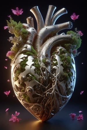A mechanical human heart with moss gears that beat in a constant rhythm, surrounded by small flowers and neon hoses that glow softly in a biodiverse and technological environment. holographic effect and natural cyborg style, biotechnological, organic, natural biopunk, parametric and organic biomimetic, detailed photo, rendering, 16K, a visually impressive and immersive work of art, on black background