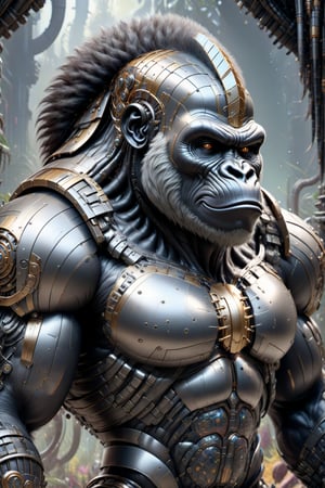 A biotech cyborg man gorilla warrior, covered in detailed intricate metallic tech armor, splash art, fractal art, colorful, a winner photo award, detailed photo, Arnold render, 16K,cyborg style,biopunk style, ubicated in a selvatic enviroment