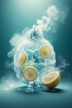 a lemon,ice,  smoke, in the fantasy garden