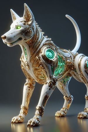 A dog with neon pipes, gold gears, covered with an intricate structure of technology, precious stones, neon hoses, futuristic white plastic details with iridescent colored lights and neon liquid, holographic effect and natural cyborg style, biotechnological, organic, natural biopunk, parametric and organic biomimetic, detailed photo, rendering, 16K, a visually impressive and immersive work of art, in a interesting luxury background