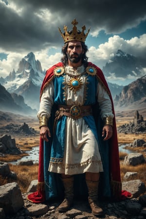 Epic and representative composition of the king god of argentina, representing the argentinan working man, with typical attire and colors of his country, located in a tipical landscape of this country