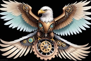 Generates a detailed steampunk style image with pastel colors and golden brown of a eagle with open wings seen from above. The beetle must be adorned with intricate gears and mechanical elements that imitate its natural structure. The image must be high resolution and show a perfect fusion between the organic and the mechanical, black background,DonMSt34mPXL,steampunk,steampunk style