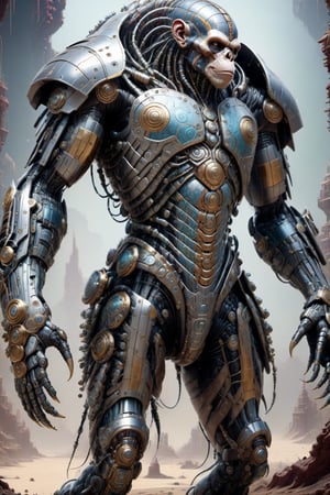 A biotech cyborg man monkeywarrior, covered in detailed intricate metallic tech armor, splash art, fractal art, colorful, a winner photo award, detailed photo, Arnold render, 16K,cyborg style,biopunk style, ubicated in a selvatic enviroment
