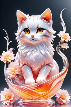 Immerse yourself in a breathtaking scene: an elegant crystal glass vase, its graceful curves showcasing a mesmerizing liquid cat, formed by marbled orange and white fluid swirling into a feline silhouette with wavy motion. Large eyes and long tail complete the cat's allure. Soft pink petals from pastel flowers float around the vase, set against a gentle gradient background. Anime-inspired thin linework and vibrant colors bring forth glossy textures, hyper-detailed in 8K resolution. This masterpiece exudes best quality, sharp focus, and watery serenity.,3D,PVC