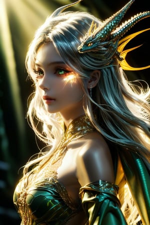 Golden light casts an intimate glow on the woman's piercing gaze, as wispy strands of silver hair dance across her forehead. The delicate threads of her gilded gown seem to be woven into the very fabric of her eye, mirroring the mesmerizing scales of a majestic green dragon that appears to be emerging from the shadows.,3D,PVC