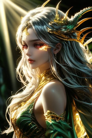 Golden light casts an intimate glow on the woman's piercing gaze, as wispy strands of silver hair dance across her forehead. The delicate threads of her gilded gown seem to be woven into the very fabric of her eye, mirroring the mesmerizing scales of a majestic green dragon that appears to be emerging from the shadows.,3D,PVC