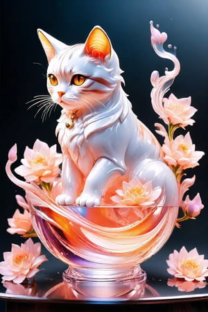 Immerse yourself in a breathtaking scene: an elegant crystal glass vase, its graceful curves showcasing a mesmerizing liquid cat, formed by marbled orange and white fluid swirling into a feline silhouette with wavy motion. Large eyes and long tail complete the cat's allure. Soft pink petals from pastel flowers float around the vase, set against a gentle gradient background. Anime-inspired thin linework and vibrant colors bring forth glossy textures, hyper-detailed in 8K resolution. This masterpiece exudes best quality, sharp focus, and watery serenity.,3D,PVC