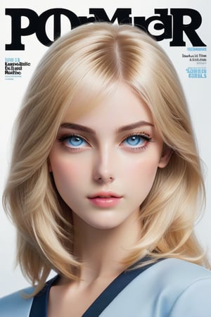 Super detailed cover magazine featuring a realistic sexy European girl with a pretty face, blonde hair, long bob style haircut, light blue eyes, sexy school uniform