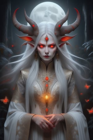 a woman dressed in demonic attire, light gray and light gold style, vibrant illustrations, intricate carvings, realistic detailed portraits, white and amber, serious looking vibrant red eyes, background a full moon, forest with fireflies