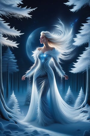 An elegant woman in a dress made of ice and crystals on a dark night with a full moon walking in a deep pine forest covered in snow. Fantasy, mystical environment