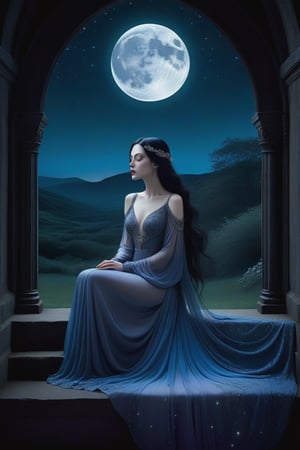Against the ethereal glow of a full moon, a melancholic Gothic woman sits alone, her pale skin illuminated by the lunar light. Her dark hair cascades like a waterfall down her back, while her eyes, filled with sorrow, gaze out at the desolate, star-speckled night sky. The stained glass depiction is rendered in muted hues of blues and purples, with intricate details on the woman's flowing gown and the celestial backdrop.