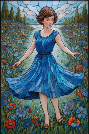 a vibrant stained glass art piece of a woman with very short hair dancing in a field of flowers, blue motif, blue dress, stained glass portrait with flowers, 