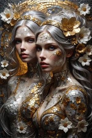 Create an intricate mosaic work of art featuring two female figures one with flowing silver hair and the other with short, golden hair against a complex silver background with touches of white and gray for depth. Include a striking gold flower as a contrasting element and introduce a ribbon-like headband crossing behind the head to add interest.