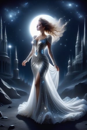 An elegant woman in a dress made of silver and crystals on a dark night with a full moon walking