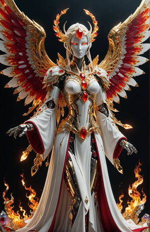 futuristic, Lovecraftian women robot angel, fire wings, floating, white robe, red accents, flames under robe, character design, full body, intricate jewelry, gemstones, ruby, gold, volumetric lighting, cinematic, ornate, intricate detail, ultra-realistic