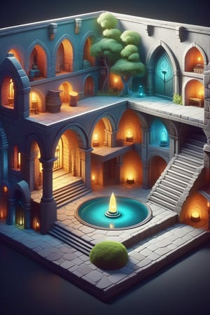 Dungeon game sheet, 3d, isometric, dreamy color palette, inspired by Pixar.”