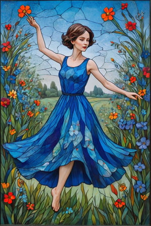 a vibrant stained glass art piece of a woman with very short hair dancing in a field of flowers, blue motif, blue dress, stained glass portrait with flowers, 