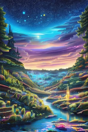 an evening sky with stars and trees behind it, in the style of intricate psychedelic landscapes