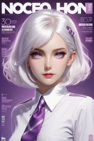 ,hyper detailed , cover magazine featuring a realistic sexy girl with, a pretty face, white hair, bob long haircut style , purple eyes, sexy school uniform