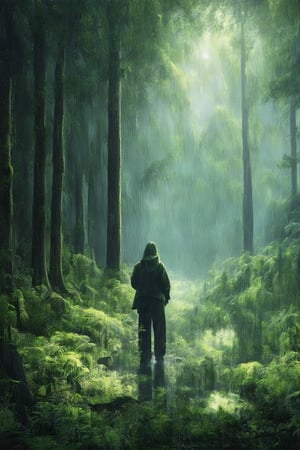 solitary figure from behind, standing in the middle of a lush, dense forest during a rain shower, the scene is filled with vibrant shades of green with light filtering through a mist, raindrops visibly falling in sunbeams, the trees tall and slightly blurred to give a sense of depth and enchantment, focus on creating a tranquil and immersive atmosphere that invites the viewer to feel the quiet and freshness of the forest 