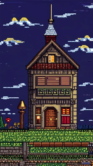 Medieval House Surrounded by Pixel Art Walls. Night