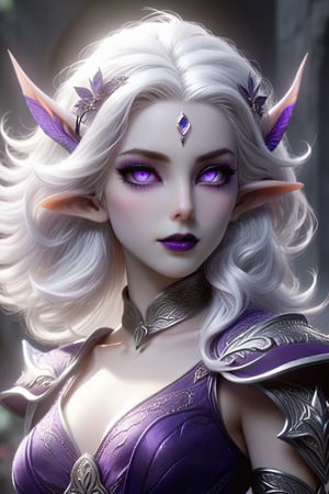 depiction of a female drow, dnd , elf , purple eyes, white hair: , young ann miller, extremely detailed,  octane, full body, zoomed out,   photo realistic, 