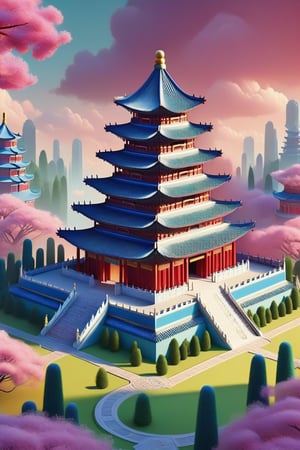 Temple of Heaven game card, 3d, isometric, dreamy color palette, inspired by Pixar.”