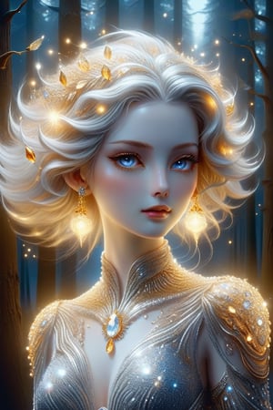 a woman dressed in crystal attire, light gray and light gold style, vibrant illustrations, soft and rounded sculptures, realistic detailed portraits, white and amber, vibrant blue eyes with a calm and gentle appearance, background of a full moon, forest with fireflies