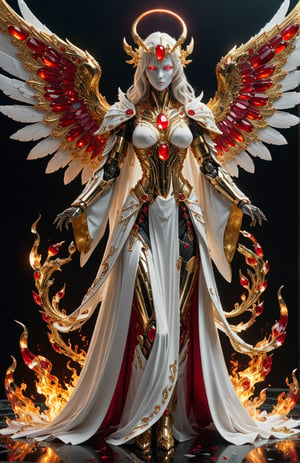 futuristic, Lovecraftian women robot angel, fire wings, floating, white robe, red accents, flames under robe, character design, full body, intricate jewelry, gemstones, ruby, gold, volumetric lighting, cinematic, ornate, intricate detail, ultra-realistic