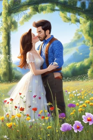 Romance illustration, a couple sharing a passionate kiss, romance book, Wild west, set against a blooming field of flowers and the gentle breeze