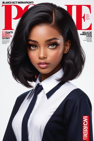 Super detailed magazine cover featuring a realistic sexy black girl with a pretty face, black hair, long bob haircut, black eyes, sexy school uniform