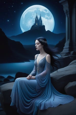 Against the ethereal glow of a full moon, a melancholic Gothic woman sits alone, her pale skin illuminated by the lunar light. Her dark hair cascades like a waterfall down her back, while her eyes, filled with sorrow, gaze out at the desolate, star-speckled night sky. The stained glass depiction is rendered in muted hues of blues and purples, with intricate details on the woman's flowing gown and the celestial backdrop.