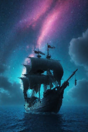 Pirate ship sailing into a bioluminescence sea with a galaxy in the sky