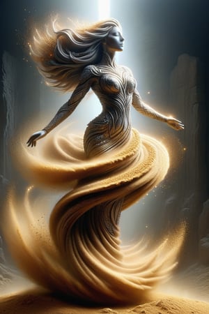 she is a beautiful woman created in stone ((she is rising from the ground), dust dances around the character,