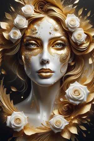 Ultra detailed abstract artistic photograph of a woman's face, golden, white roses, detailed symmetrical circular iris, broken paper fragments, abstract art style, intricate and complex watercolor painting, sharp eyes, digital painting, color explosion, dripping paint , mix gold and white colors, Conceptual art, volumetric lighting, metallic reflections, 8k, conceptual photography