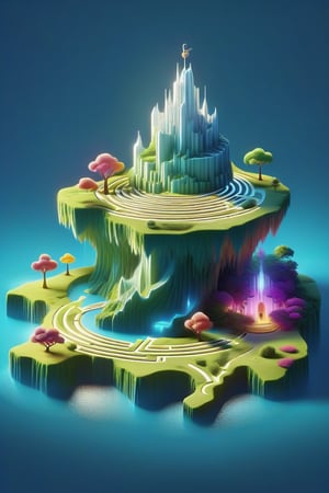 Game sheet of maze, floating island,3d, isometric, dreamy color palette, inspired by Pixar”.