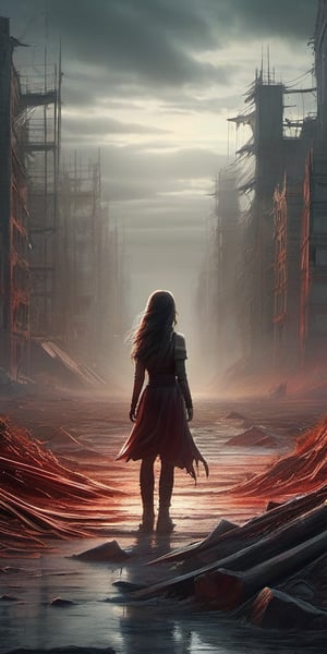 A girl with long flowing hair stands alone in the middle of a post-apocalyptic landscape. The desolate environment is filled with ruins and debris, a grim reminder of the world that once was. The girl's eyes are intense and filled with determination, as she prepares to face the wrath of Heaven. Her lips are painted with a deep red, a striking contrast to the gloomy surroundings. The inked lines of her figure create a sense of movement and energy, bringing the scene to life. The artwork is rendered in a high resolution 4k4d format, capturing every intricate detail and texture. The overall style of the art is reminiscent of 1980s vinyl art, with bold colors and a retro vibe. The lighting in the scene is high key, casting dramatic shadows and emphasizing the girl's features. The composition resembles a cinematic film still, capturing a powerful and intense moment frozen in time.