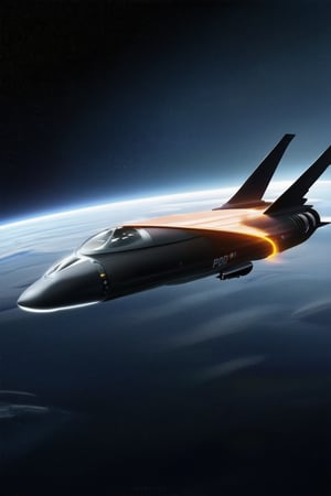 Futuristic Concept Space Craft with Military Jet features and metallic orange with matte black and white details, luxury,