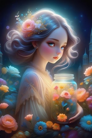 a portrait of a girl with flowers in a jar, in the style of detailed dreamscapes, storybook illustration, glowing colors, multidimensional shading, mysterious nocturnal scenes Model: