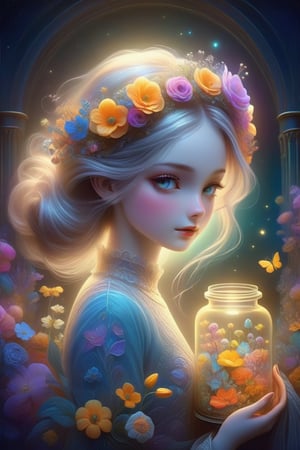 a portrait of a girl with flowers in a jar, in the style of detailed dreamscapes, storybook illustration, glowing colors, multidimensional shading, mysterious nocturnal scenes Model:
