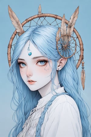 Dream Catcher, in the style of crisp neo-pop illustrations, sky-blue, nightcore, trompe-l'œil illusionistic detail, detailed penciling, pensive portraiture