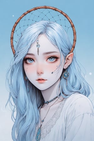 Dream Catcher, in the style of crisp neo-pop illustrations, sky-blue, nightcore, trompe-l'œil illusionistic detail, detailed penciling, pensive portraiture