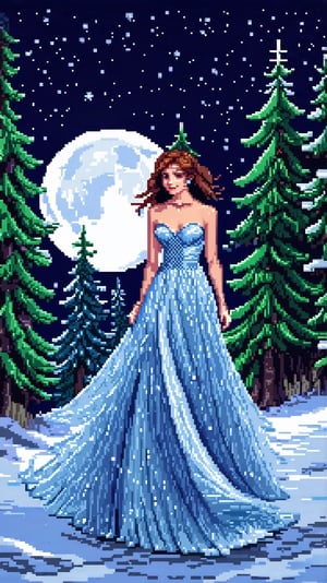 An elegant woman in a dress made of ice and crystals on a dark night with a full moon walking in a snow-covered pine forest. Fantasy, mystical environment by Pixel Art Walls. Night