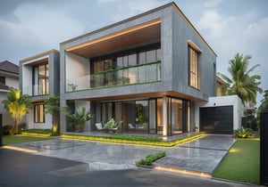 modern villa on street, (daylight), tropical tree, green shrub and plants, vivid color, streetcapes, minimalist design, brigth grey tone, large glass door, warm interior lighting, modern material, best quality, ultra realistic, masterpiece
