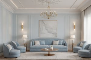 Neoclassical livingroom interior, white tone, wooden floor, gray carpet, ceiling light, light blue sofa and flower, picture, white curtain on the left, (picture:1.1), marble wall, many moldings, wall lamp,window, natural light