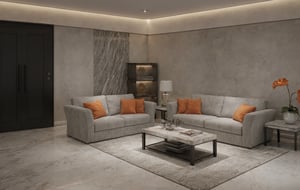 (RAW photo, masterpiece, best quality,ultra-detailed, extremely delicate and beautiful, highresolution, best shadow:1.1), modern living room, bright sofa, reflective floor, shag carpet, marble wwall, orange pillow, book shelf, ceiling light, wwhite ceiling, flower, interior lighting, realistic lighting
